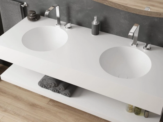Plan vasque double lavabo circulaire ⦰ 30 cm sur mesure Largeur 100 à 201 x P 40 à 51 cm Finition lisse 10 couleurs au choix, Anti bactérien Résine Akrytan® Livraison Offerte.